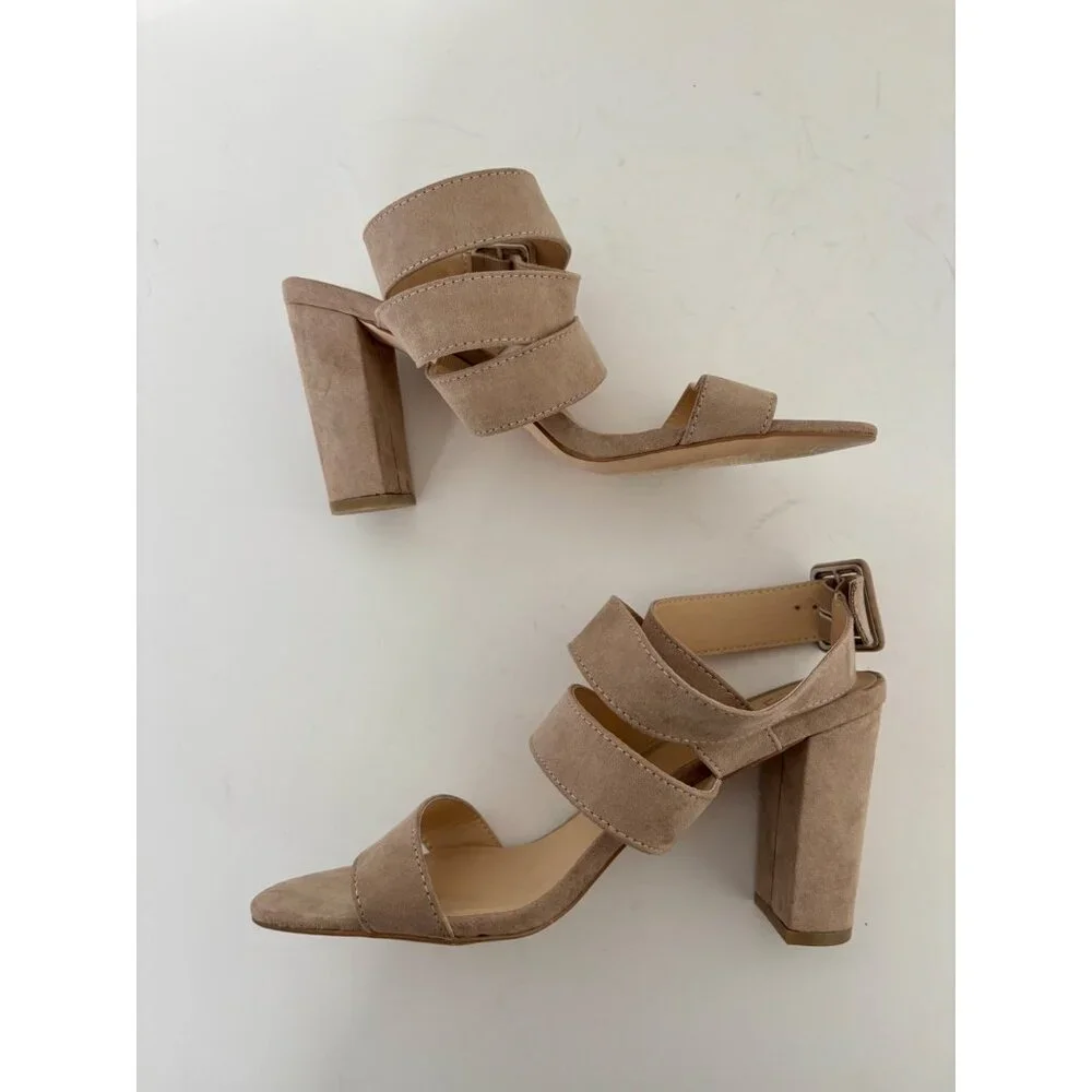 Taupe Faux Suede Sandals 10 Strappy Block Heel Ankle Wrap Quiet Luxury Boho Glam - Picture 7 of 14